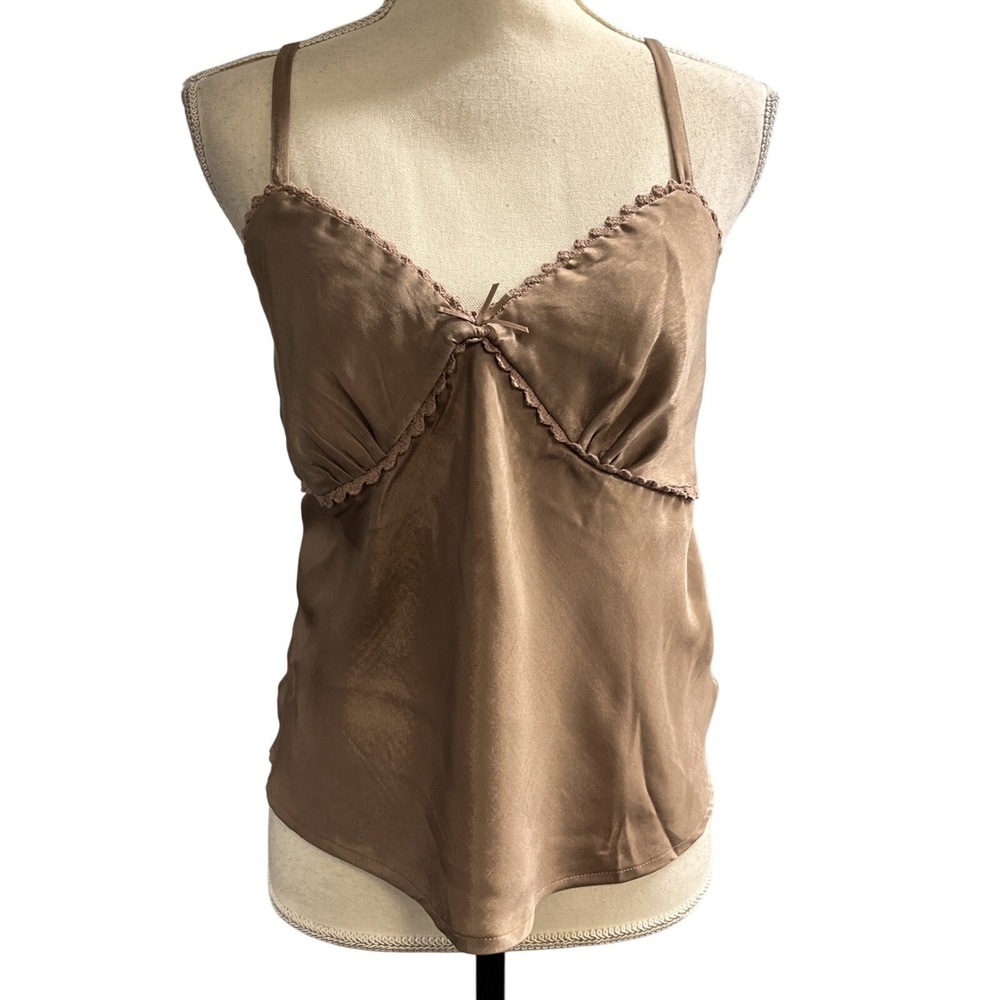 Brown Satin Y2K Tank Top Baby Doll Cropped Crochet Trim Size XL Fairy Whimsigoth